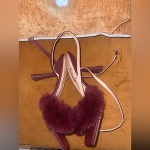 Burgundy and Cream Heels with Fur Detail. Never worn